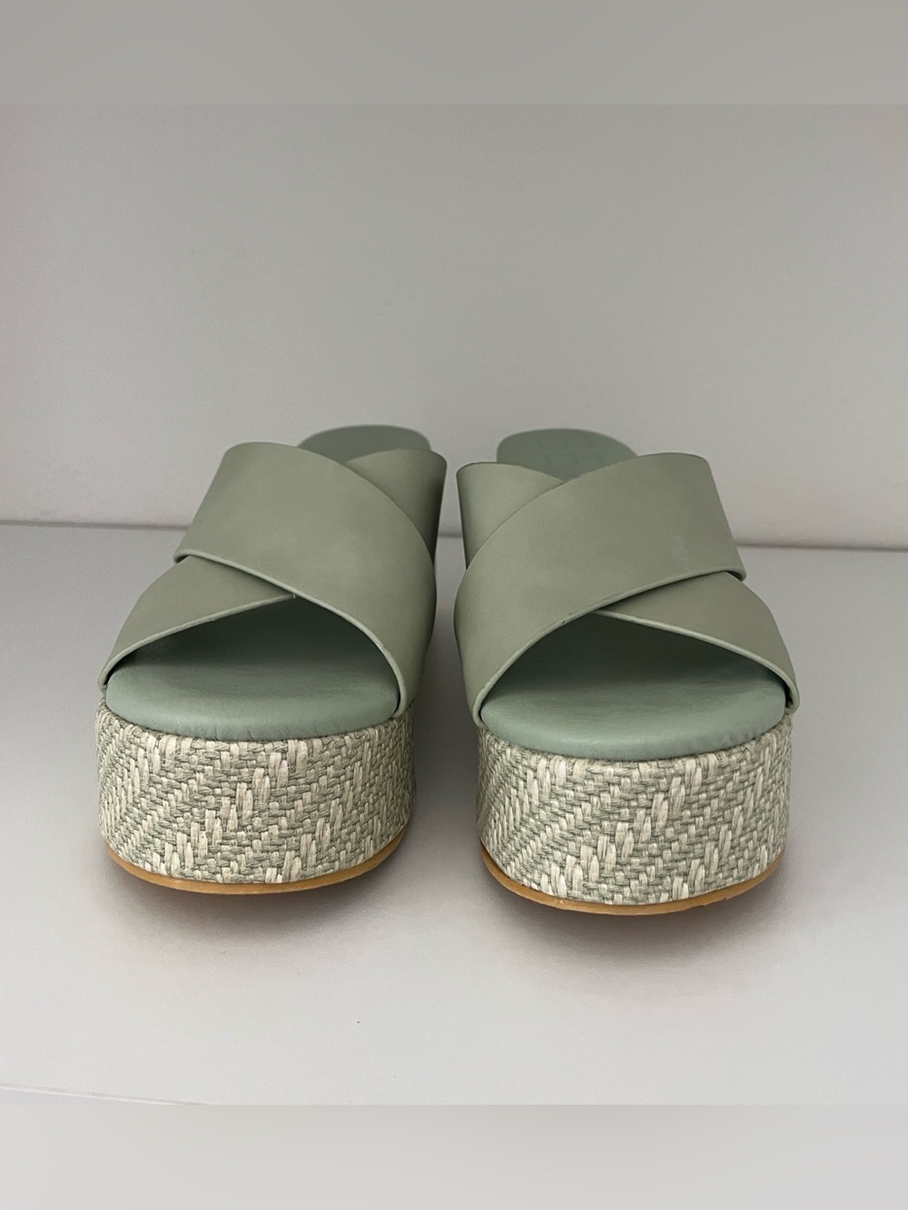 Matisse Platform Slide Sandals in Sage Green with Woven Platform